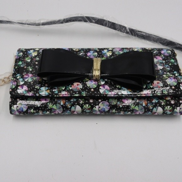 Betsey Johnson Rhinestone Print Mini Crossbody Envelope Bag Gold Chain Strap - Picture 1 of 8